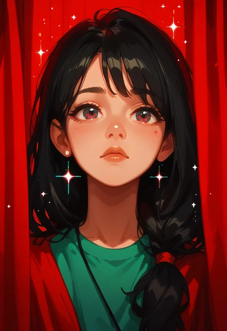 score_9, score_8_up, score_8, 
face closeup, 1girl, solo, Black hair, the red curtains in front, face only, hiding,
 blend in ((red background)),
glitch, sparkles, dream,