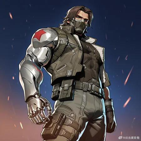 best quality, masterpiece, best render, best shading, 1boy, bara solo, mature, manly, mature male, medium hair,  standing,   <lora:Winter Soldier:0.8>, Winter Soldier, prosthetic arm, medium hair, blue eyes, dark brown hair, standing still, mask, looking at viewer, best perspective, low angle