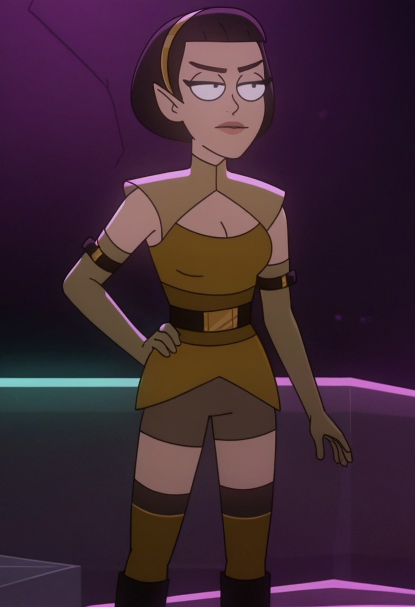 Score_9_up, score_8_up, score_7_up, BREAK 1girl, solo, tlynstld, pointy ears, short hair, black hair, dress, cleavage cutout, gold hairband, mini shorts, belt, elbow gloves, thighhighs, black boots, neckwear, hand on hip, nightclub