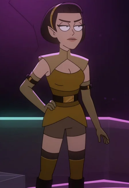 Score_9_up, score_8_up, score_7_up, BREAK 1girl, solo, tlynstld, pointy ears, short hair, black hair, dress, cleavage cutout, gold hairband, mini shorts, belt, elbow gloves, thighhighs, black boots, neckwear, hand on hip, nightclub