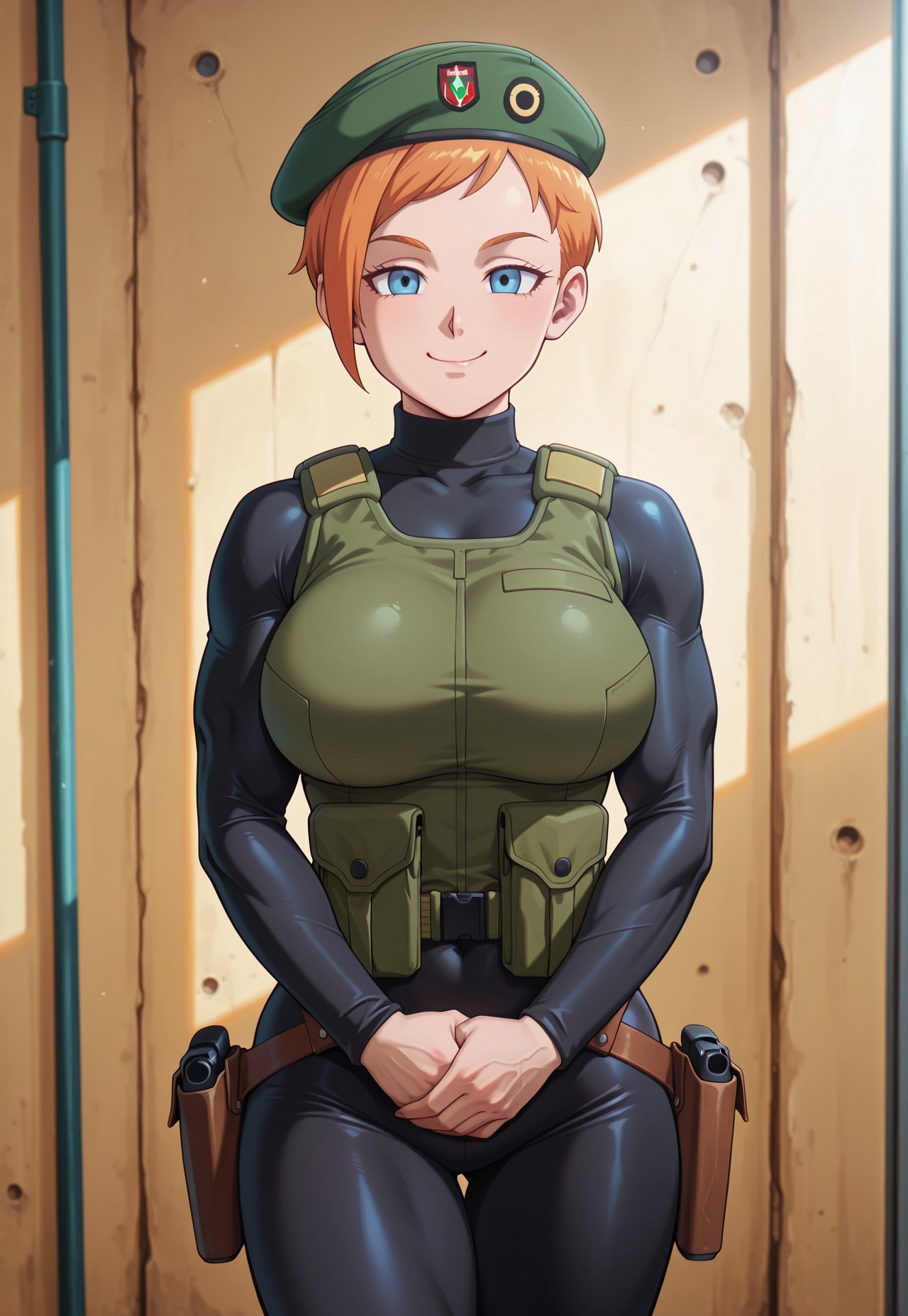 dbstyle, masterpiece, best quality, hyper-Detailed, 1female, solo ((female, fair skin, toned body, orange short hair, pixie hair, blue detailed eyes, big round breasts, muscular tighs)), ((wearing green military beret, black turtleneck bodysuit with long sleeves, green military vest with holsters, black tight pants, black legs holsters)), looking at the viewer, smiling, standing with hands behind her body, standing with hands behind body and chin raised, standing in the middle of a militar camp, alone, day time