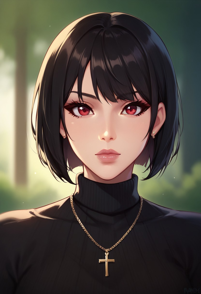 score_9,score_8_up,score_7_up,score_6_up,blurry, blurry background,1girl, solo, short hair, black hair, jewelry, looking at viewer, necklace, cross, portrait, bangs, red eyes, closed mouth, turtleneck, blurry background, cross necklace, lips, piercing, blurry, bob cut, eyelashes