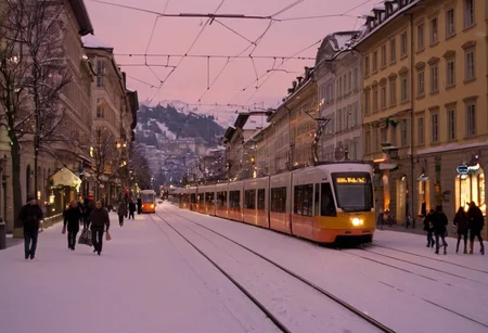 Bern downtown in winter, snowy, christmas, dusk, people, modern tram, analo style, restaurants, wide shot, shops, natural lighting,