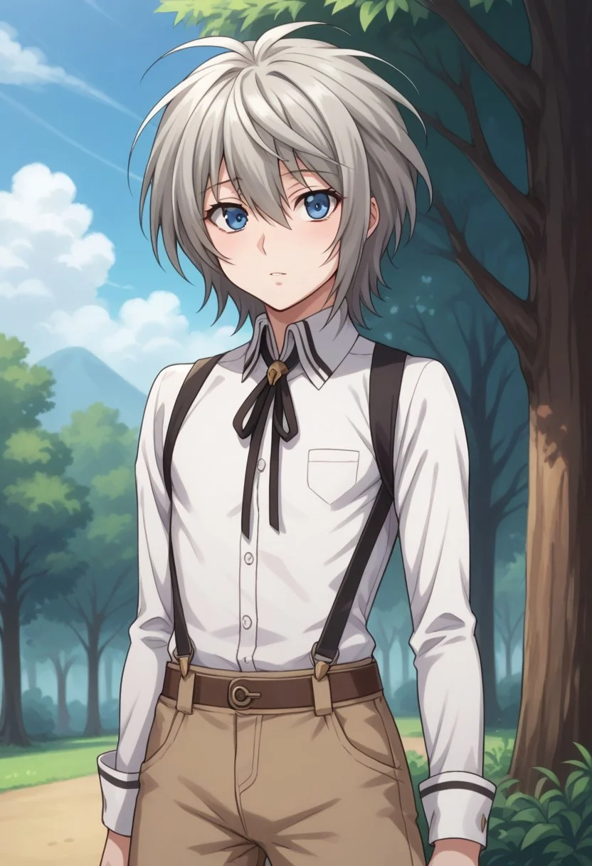 score_9, score_8_up, score_7_up, source_anime, highly detailed,
shiina, solo, blue eyes, male focus, 1boy, shorts, upper body, grey hair, standing, long sleeves, looking at viewer, androgynous, brown shorts, ribbon, neck ribbon, blue eyes, shirt, white shirt,
outdoor, sky, tree