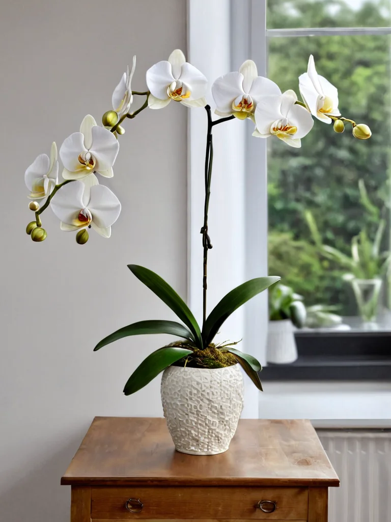 detailed,  white orchid by ingrid-elias in a white flower vase, in a room, sitting on a table with a  window in one wall<lora:ingrid_elias_style:0.8>