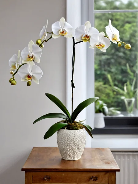 detailed, white orchid by ingrid-elias in a white flower vase, in a room, sitting on a table with a window in one wall<lora:ingrid_elias_style:0.8>