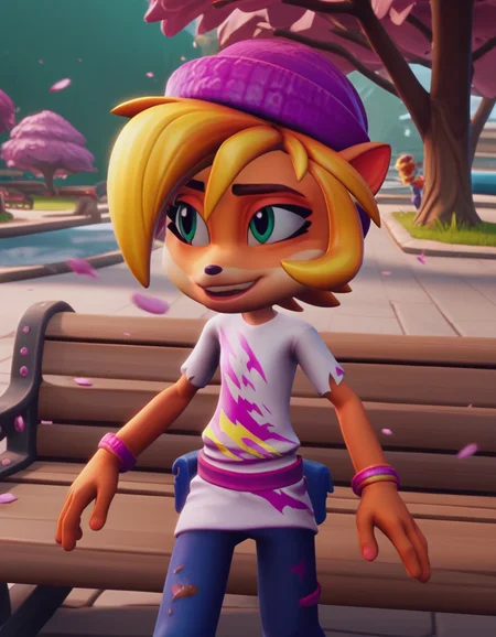 score_9, score_8_up, score_7_up, source_anime, <lora:coco-bandicoot-totally-tubular-ingame4-ponyxl-lora-nochekaiser:1>, coco bandicoot, short hair, blonde hair, green eyes, pointy ears, furry, 3d, shirt, hat, torn clothes, striped shirt, pants, park, cherry blossoms, bench, gentle breeze, peaceful, running, open mouth,, , , smug, hand on hips,, solo,, cowboy shot, dutch angle,