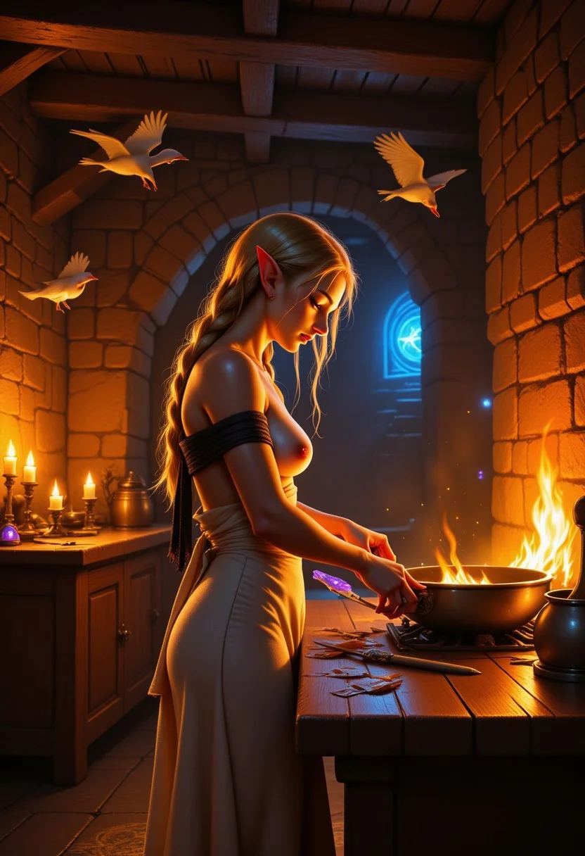 (professional digital photography:1.1), 21-year-old beautiful woman, A golden-haired elven woman in a dimly lit medieval 15th-century kitchen, preparing a meal over an open fire. She wears a simple peasant dress made of rough linen, with a woolen shawl draped over her shoulders. Her pointed ears slightly peek through her loose braids. Flickering candlelight and the orange glow from the fire cast deep shadows on the rough stone walls, where ancient magical runes faintly shimmer, inscribed into the foundation. Strange fanged birds perch on wooden beams, watching her movements with unnatural intelligence. On the wooden table, a mix of medieval cookware and arcane artifacts—a glowing crystal, a runic-engraved dagger—blend seamlessly into the rustic setting. The atmosphere is moody, with an interplay of warm firelight and the eerie blue glow of the runes. The scene has a dark fantasy aesthetic, with cinematic depth and rich historical textures., <lora:NSFW_master:1>, exposed breasts, nipple piercing, detached sleeves