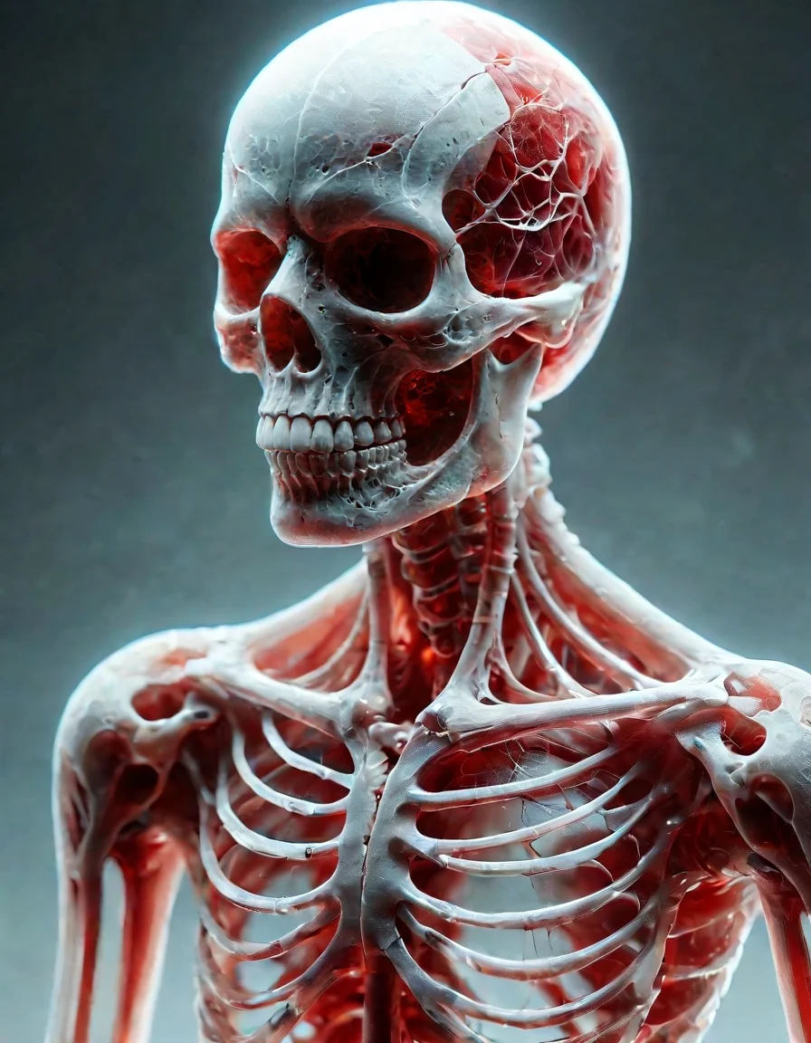 Digital art, 3/4 view of a Vulgar "Reassembling Skeleton", Peaceful, Red and hue, vintage, trending on CGSociety, sci-fi, <lora:sdxl_lightning_8step_lora:1>, <lora:ral-milkyglass:0.95> made out of ral-milkyglass, sharp focus, highly detailed, cinematic, fine artistic composition, cinematic perfect intricate stunning fine detail, perfect symmetry, beautiful composition