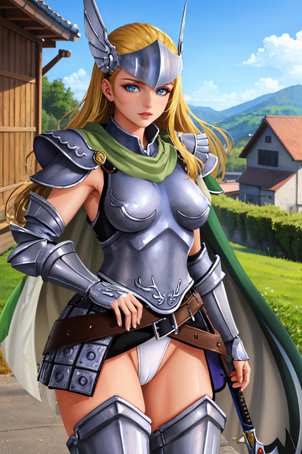 masterpiece, best quality, cowboy shot, upper body, village,
<lora:zs_Arianrhod:0.8> arianrhodsmt, armor, helmet, long hair, gauntlets, blonde hair, cape, blue eyes, white leotard, boots