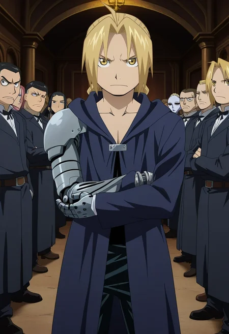 masterpiece, best quality, , anime screencap, anime coloring, official style, looking at viewer, 1boy, solo, male focus, <lora:edward_elric_ilxl:0.92>, edward_elric, blonde hair, yellow eyes, , single mechanical arm, aged up, salem witch trials, dark courtroom, condemned prisoners, tense crowd, standing pose, fearful expression, dim candlelight,