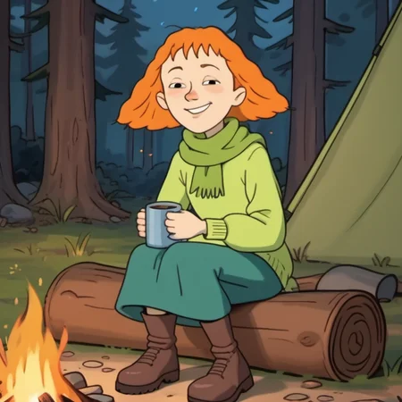 score_9, score_8_up, score_7_up, 1girl, solo, sours1, dress, jumper, scarf, orange hair, slight smile, half closed eyes, sitting by campfire, holding mug, tent, boots, forest, cold night, masterpiece, <lora:sours1:1>,