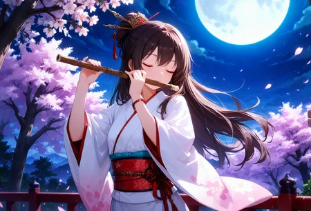 1girl, solo, closed eyes, long hair, instrument, Japanese flute, Bamboo flute, hair ornament, music, cherry blossoms, japanese clothes, playing instrument, moon, black hair, bracelet, jewelry, hair stick, leaf, tree, kimono, night, petals, brown hair, full moon, upper body, sash, wide sleeves, wind, wind lift,, BREAK
(photo background:0.3), depth of field, volumetric lighting, 
<lora:noobai_vpred_1_masterpieces_v23:1>,  masterpiece, best quality, amazing quality, very aesthetic, high resolution, ultra-detailed, absurdres, newest, scenery, 
<lora:chiaroscuro_vpred10_1105480:1>, chiaroscuro, 
<lora:noob1.1-lineart_adjust1-mki:-0.5>, 
<lora:IllustriousTweakerLora_v4-detail_1457119:0.8>, 
<lora:Eyes_High_Definition:0.6>, eyesHD, high gradient eyes, detailed eyes, high definition eyes, <lora:LECO_Particles:1>,