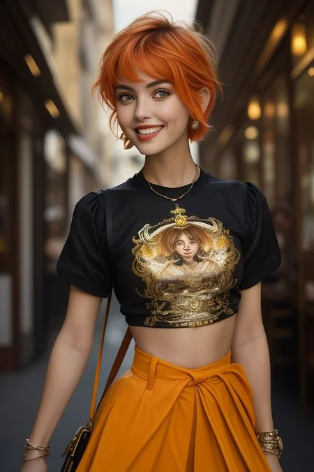 masterpiece,best quality,ultra_detailed, bellissima, 1girl , smile, westwood style, haircut style pixie, miniskirt, shirt, from below, shoulder bag  ,by Ellen von Unwerth