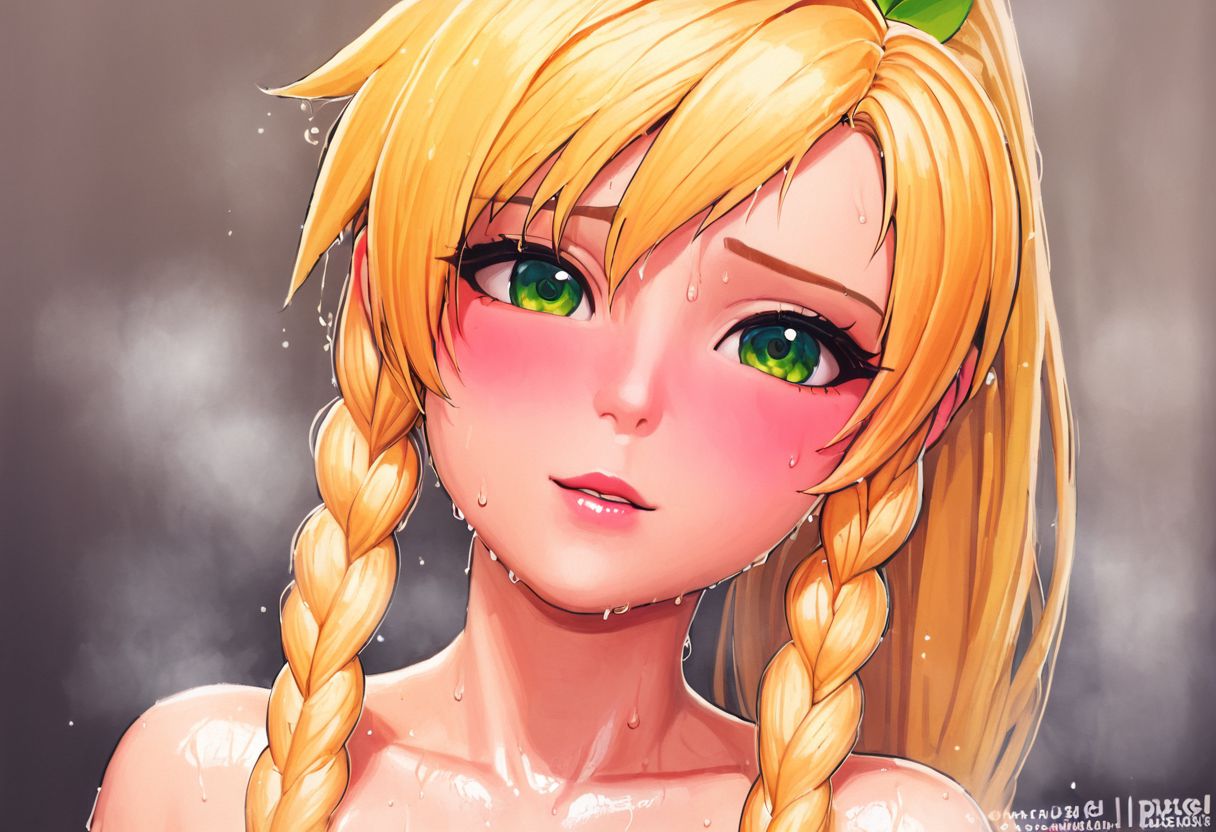 <lora:PixelSketcher:1>, pixelsketcher, - (masterpiece, best quality), 1girl, collarbone, {{Blonde}},{{Blonde hair colour}}, {{long hair}}, {{short twin braids}},{{ponytail hair}},{{green eyes}, blushing, in heat, wet transperent latex, wet look, sweaty, sweat, leafa