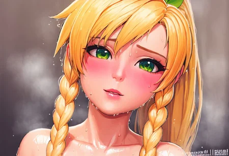 <lora:PixelSketcher:1>, pixelsketcher, - (masterpiece, best quality), 1girl, collarbone, {{Blonde}},{{Blonde hair colour}}, {{long hair}}, {{short twin braids}},{{ponytail hair}},{{green eyes}, blushing, in heat, wet transperent latex, wet look, sweaty, sweat, leafa