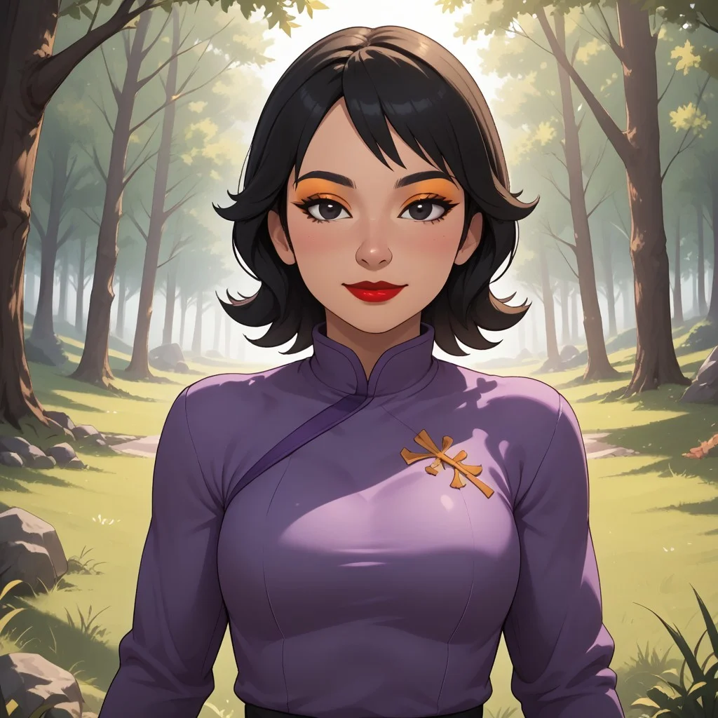 score_9, score_8, BREAK, solo, wii u, mii, wii sports club, female mii, 1girl, cute, black hair, black eyes, half-tree shaped nose, makeup, blush, orange eyeshadow, red lips, lipstick, purple clothing, black pants, shoes, Nintendo Mii, modern_mii, classic_mii, breasts, Xin_(\OC_Mii\), asian, asian female, chinese clothes, sexy pose, self portrait, smile, outdoors, sunlight, shadows, evening lighting, natural lighting, forest, trees, grass, orange sky, sunset
