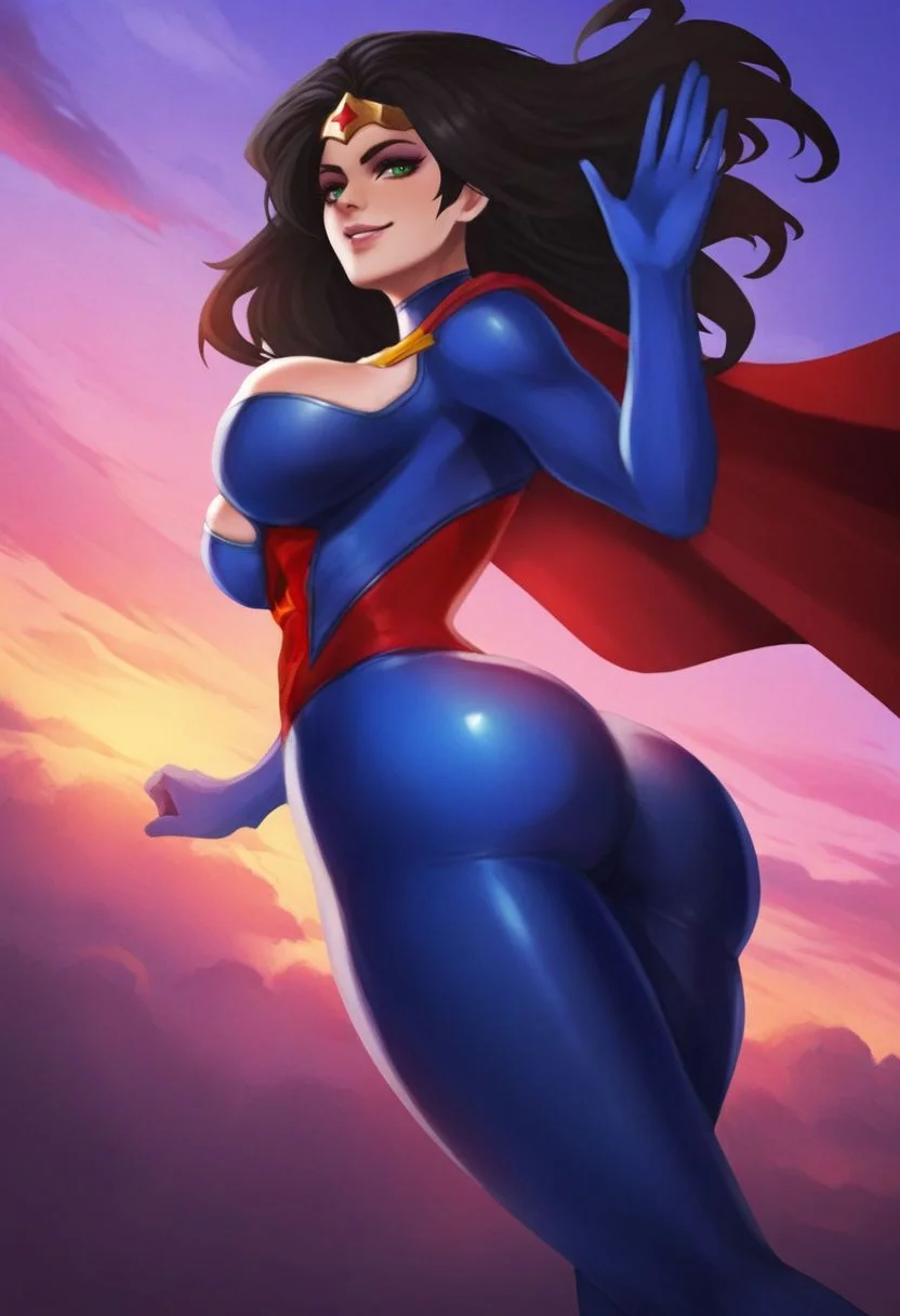 illustriousmonorirogue, masterpiece, best quality, highres, absurdres BREAK 1girl, solo, superhero costume, cape, tiara, round ass, black hair, bodysuit, skin tight, bursting breasts, green eyes, lips, lipstick, long hair, floating, floating hair, makeup, gradient sky, cloudy sky, looking at viewer, smile, waving, <lora:MonoriRogue_Style_-_Illustrious:1>