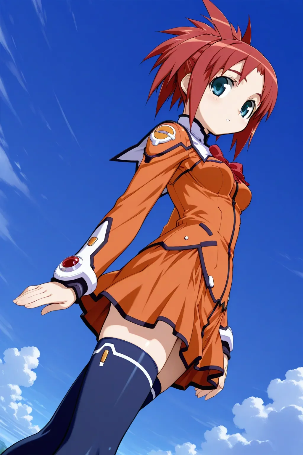 masterpiece, best quality, stellvia_arisa_glennorth_ilxl, 1girl, solo, <lora:stellvia_arisa_glennorth_ilxl:0.9>, orange shirt, orange skirt, zettai ryoiki, Navy blue tights, from the left side, red hair, dutch angle, looking at viewer, walking, from below