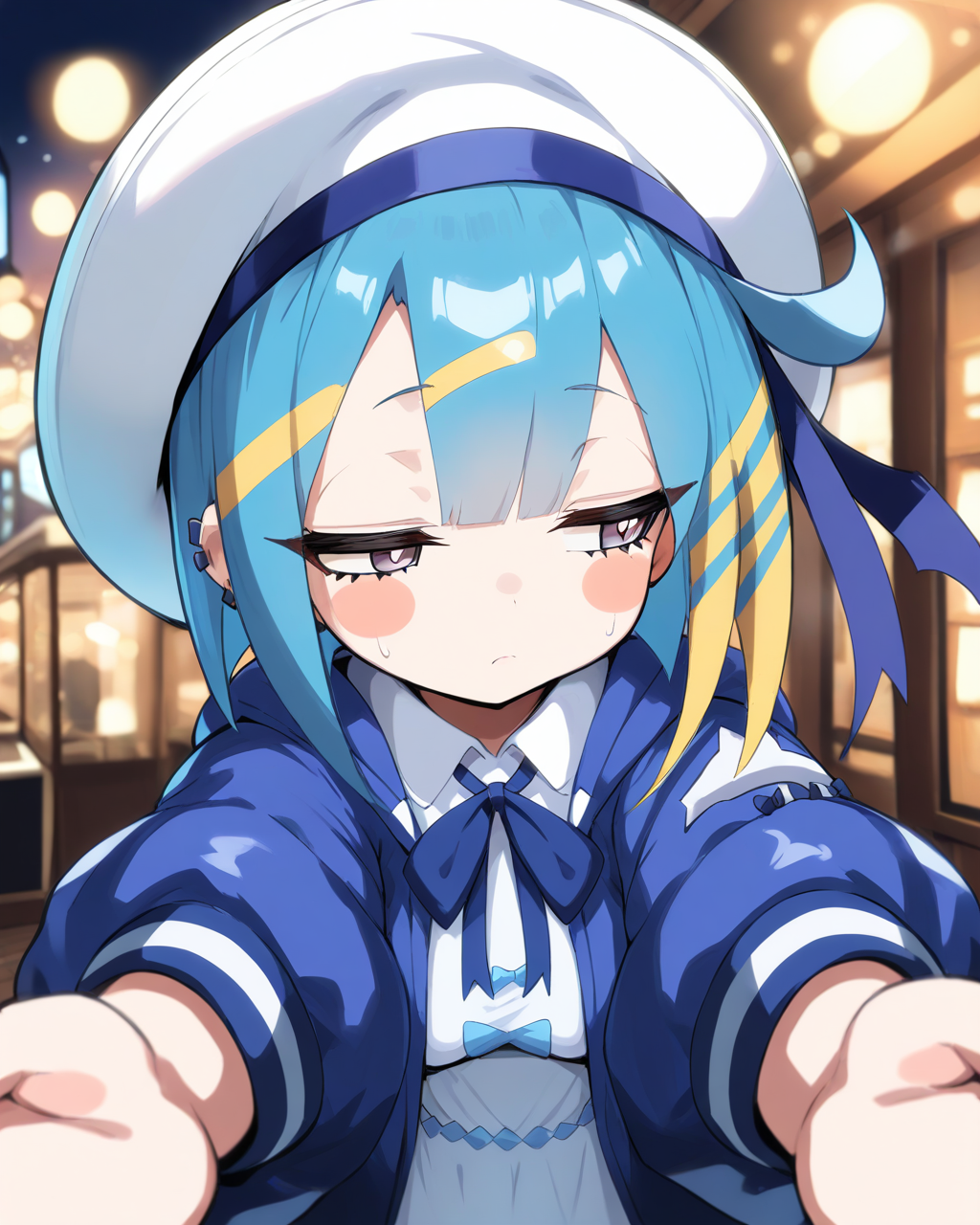 1girl,
LiveTwinLil-laYu-Gi-Oh,
sensitive, solo, close-up, chibi,
looking away, blush stickers,
dating, incoming hug,
sailor hat, hat ribbon, 
hooded jacket, neck ribbon, puffy sleeves,
collared dress,
breasts,
moodie lighting,
depth of field,
<lora:kp_LiveTwinLil-laYu-Gi-OhAnimagineXL_v1_1:1.0>,
masterpiece, high score, great score, absurdres