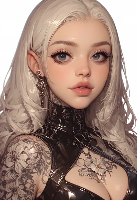score_9, score_8_up, score_7_up, score_6_up,morimee_style, 1girl, cute face,looking at viewer,white background,portrait,bust shot,cleavage,latex,big,eyeliner,flowers tattoo,jewelry,<lora:MoriiMee_Gothic_Niji_Style__Pony_LoRA:0.9>