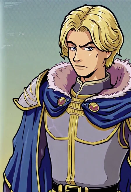 Akaburstyle,
1boy, solo, bangs, serious, pauldrons, upper body, blonde hair, short hair, blue eyes, parted bangs, closed mouth, shoulder armor, blue cape, grey armor, black belt, armor, male focus, cape, fur trim, fur collar, looking at viewer, shiny, gold trim, belt, belt buckle