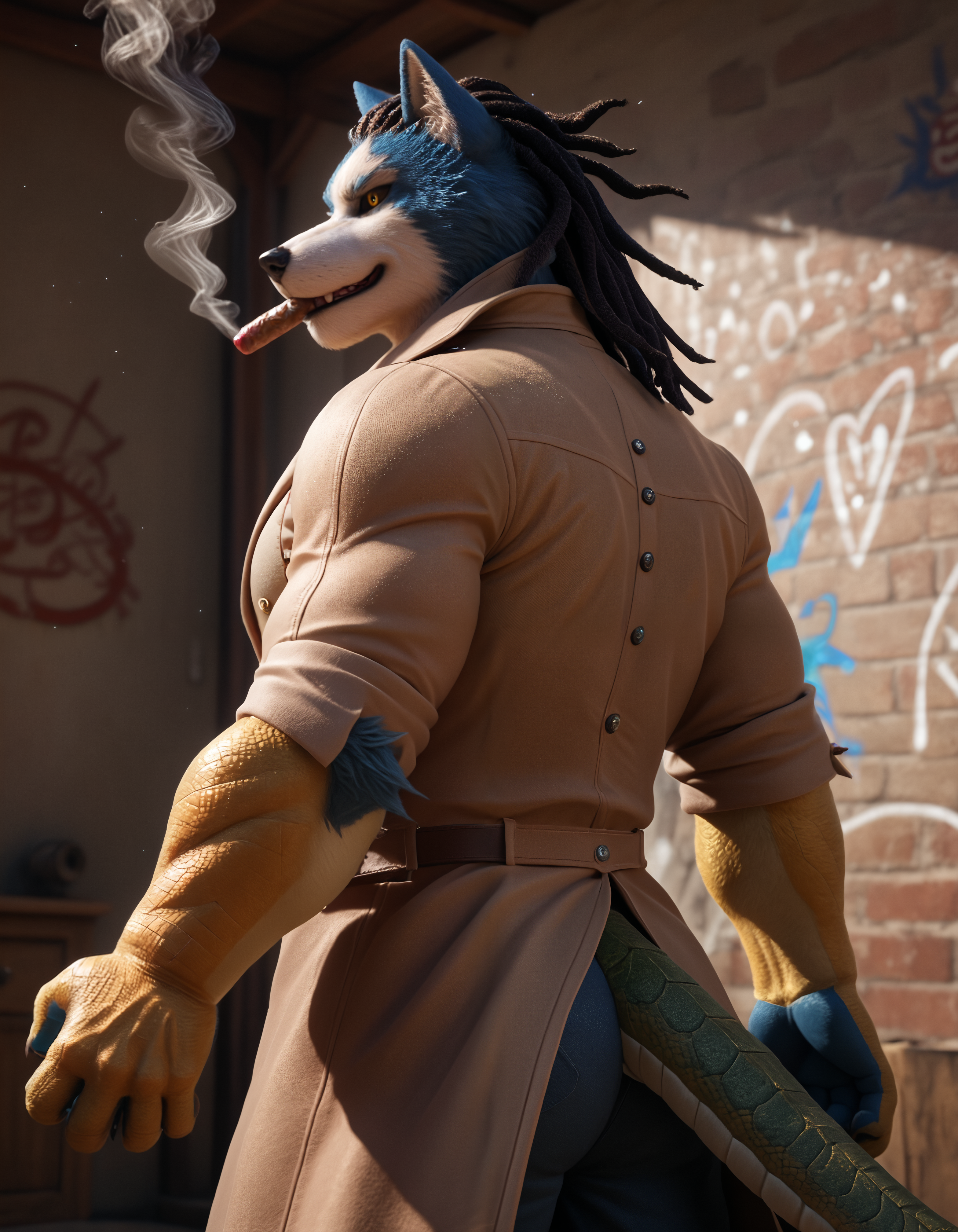 score_9, score_8_up, score_7_up, rating_safe, detailed, shadows, ray tracing, cinematic lighting, particles, graffiti, decals, masterpiece, best quality, ultra realistic, 4k, 2k, film photography, RAW photo, photorealistic, analog style, subsurface scattering, photorealism, (best quality, high quality, 8K:1.5),<lora:add-detail-xl:3.0>, <lora:2.5DRealisticV2.safetensors:0.25>, <lora:sinfully_stylish_SDXL.safetensors:1.0>, <lora:AdvancedEnhancerXLv2.safetensors:1.0>, <lora:fix_hands.safetensors:2.0>, dutch angle, detailed eyes, (detailed background:1.2), (silly, horny, seductive:1.1), <lora:Chojuro_Kon_Chimera_My_Hero_Academia_v2.safetensors:0.8>, chojuro_kon_chimera, dreadlocks, anthro, canid, canis, canine, male, mammal, furry male, clothing, male focus, furry, wolf, bara, animal ears, fur, scar, black sclera, colored sclera, coat, yellow eyes, wolf ears, blue fur, sclalie hands, cigar, lizard tail,  (from behind, battoujutsu stance, gloom (expression), the burj khalifa house bioluminescence:1.15), flat lighting, midnight, light shining through fur