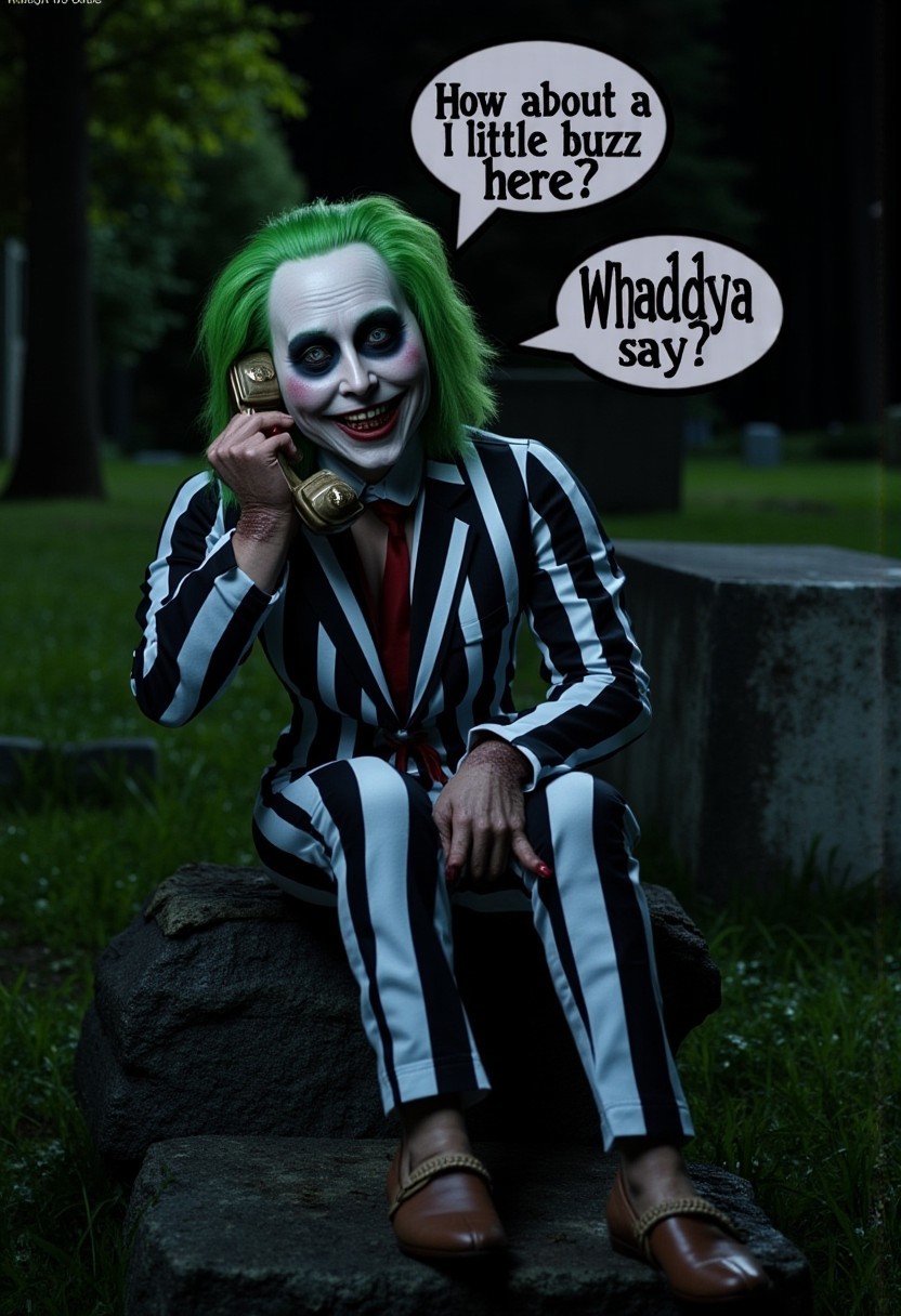 [ cinematic horror-comedy film poster, ] (a photograph of , ((Beetlejuice is seen) (he has white facepaint), (thick black circles around his eyes), ( frizzy green hair ), (very thin sparse scruffy beard and moustache), (suit with black and white verticle stripes), (he is rotting), (and he has a crooked open mouth smile with dirty teeth exposed), (He is holding his hand beside his face in the telephone position/ with his thumb near his ear and littlefinger beside his mouth)),
<<BREAK>> ,
((Beetlejuice is sitting on an old headstone in a cemetery at night), 
<<BREAK>>
((A speechbubble is seen above Beetlejuice and the text "How about a little buzz here? Whaddya say?" is easily seen in legible marquee font, only the words "How about a little buzz here? Whaddya say?" are seen printed in the speechbubble))
[Photograph taken with Nikon D850, using NIKKOR 24mm f/1.8 lens, ISO 3200, Shutter Speed: 1/40s, Aperture: f/3.5, Shot at very low angle, halloween color palette contrasted with font of the marquee font script "How about a little buzz here? Whaddya say?" seen in the speechbubble]
