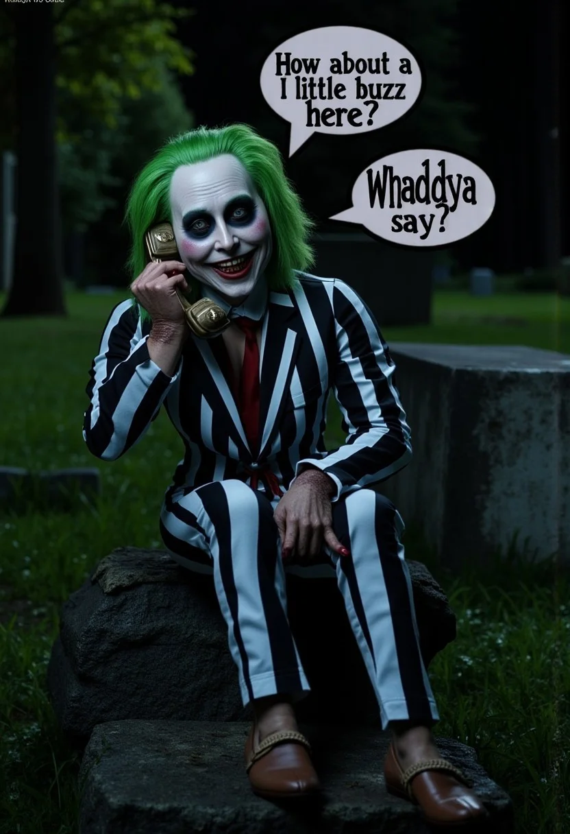 [ cinematic horror-comedy film poster, ] (a photograph of , ((Beetlejuice is seen) (he has white facepaint), (thick black circles around his eyes), ( frizzy green hair ), (very thin sparse scruffy beard and moustache), (suit with black and white verticle stripes), (he is rotting), (and he has a crooked open mouth smile with dirty teeth exposed), (He is holding his hand beside his face in the telephone position/ with his thumb near his ear and littlefinger beside his mouth)),
<<BREAK>> ,
((Beetlejuice is sitting on an old headstone in a cemetery at night), 
<<BREAK>>
((A speechbubble is seen above Beetlejuice and the text "How about a little buzz here? Whaddya say?" is easily seen in legible marquee font, only the words "How about a little buzz here? Whaddya say?" are seen printed in the speechbubble))
[Photograph taken with Nikon D850, using NIKKOR 24mm f/1.8 lens, ISO 3200, Shutter Speed: 1/40s, Aperture: f/3.5, Shot at very low angle, halloween color palette contrasted with font of the marquee font script "How about a little buzz here? Whaddya say?" seen in the speechbubble]