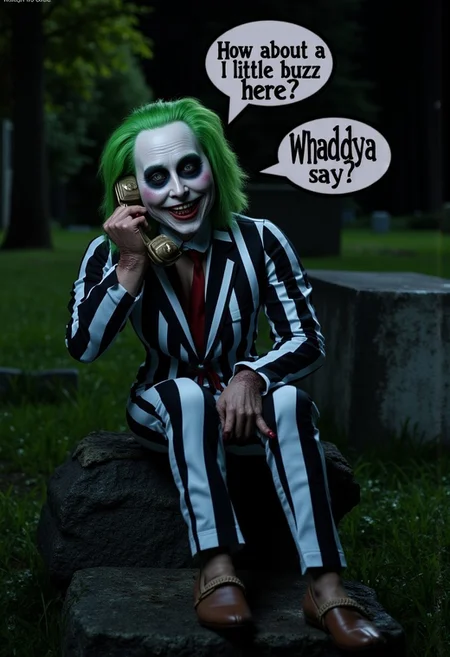 [ cinematic horror-comedy film poster, ] (a photograph of , ((Beetlejuice is seen) (he has white facepaint), (thick black circles around his eyes), ( frizzy green hair ), (very thin sparse scruffy beard and moustache), (suit with black and white verticle stripes), (he is rotting), (and he has a crooked open mouth smile with dirty teeth exposed), (He is holding his hand beside his face in the telephone position/ with his thumb near his ear and littlefinger beside his mouth)),
<<BREAK>> ,
((Beetlejuice is sitting on an old headstone in a cemetery at night), 
<<BREAK>>
((A speechbubble is seen above Beetlejuice and the text "How about a little buzz here? Whaddya say?" is easily seen in legible marquee font, only the words "How about a little buzz here? Whaddya say?" are seen printed in the speechbubble))
[Photograph taken with Nikon D850, using NIKKOR 24mm f/1.8 lens, ISO 3200, Shutter Speed: 1/40s, Aperture: f/3.5, Shot at very low angle, halloween color palette contrasted with font of the marquee font script "How about a little buzz here? Whaddya say?" seen in the speechbubble]