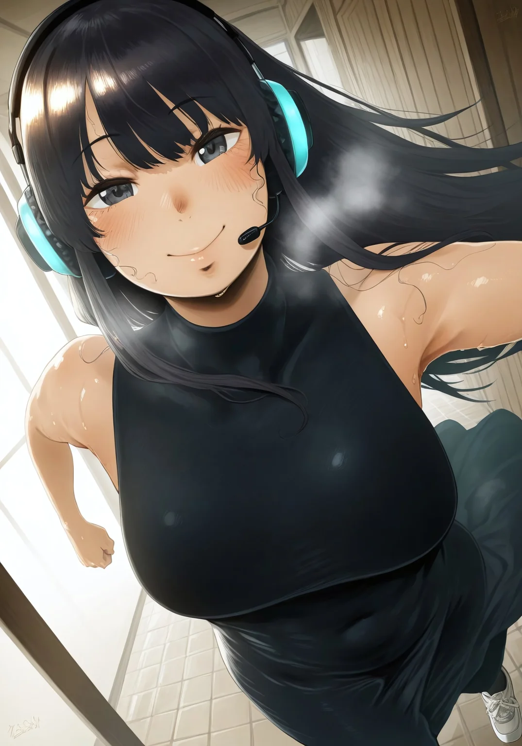 masterpiece, best quality,(amazing quality, good lighting, cinematic lighting, absurdres, highres,  1girl, solo, sfw, safe for work, black hair, black eyes, smiling, silky long hair, smile, black hair flowing naturally, smiling, dynamic angle,  huffing, visible breath, running shoes, headphones, flowing dress, sleeveless,  covered body, 
running, dynamic pose, sweaty, steamy, wet skin, sweatdrop, neisan, foreshortening, running, visible sweat, running towards viewer