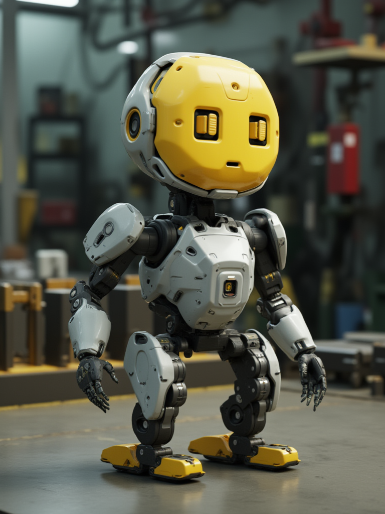 w1z_m4ch1n4. A cute small robot with a round head and body. thin flexible arms. yellow square eyes. tank like legs. working in a mechanical factory
