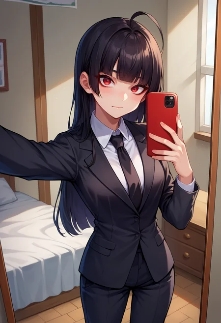 score_9, score_8_up,score_7_up, source_anime, 1girl, solo, <lora:EPbaTsurugi_epoch_8:0.8>, EPbaTsurugi, black hair, long hair, red eyes, blunt bangs, ahoge, business suit, black pants, white collared shirt, black suit, black jacket, black necktie, selfie, taking picture, mirror selfie, bedroom, bed, mirror,