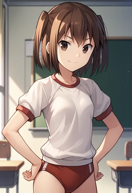 score_9, score_8_up, score_7_up, score_6_up, score_5_up, score_4_up, BREAK, source_anime,
1girl, sendai \(kancolle\), bangs, brown eyes, brown hair, two side up, short hair,
gym uniform, white shirt, red buruma,
smile, hands on hips, standing, solo, looking at viewer, indoors, classroom background <lora:SendaiXL:1>