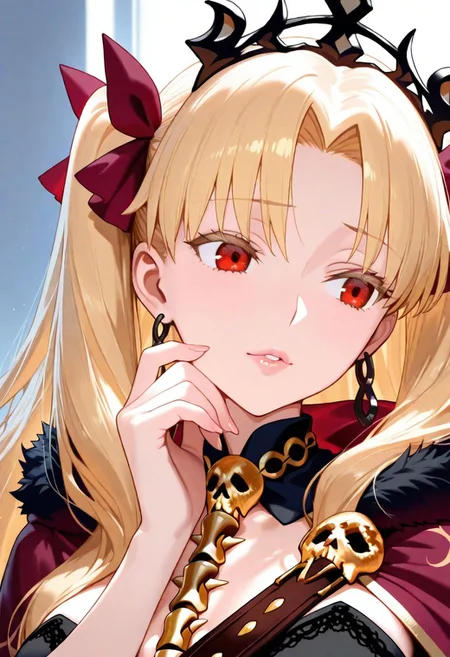 1girl, Ereshkigal \(fate\),, adult woman, earrings, masterpiece, red cape, fur trim, skull chest belt, black dress, hand up, jewelry, blonde hair, parted bangs, two side up, earrings, tiara, hair ribbon, luscious lips, lip gloss, portrait, colored eyelashes, backlighting, red eyes, goddess, glossy skin,