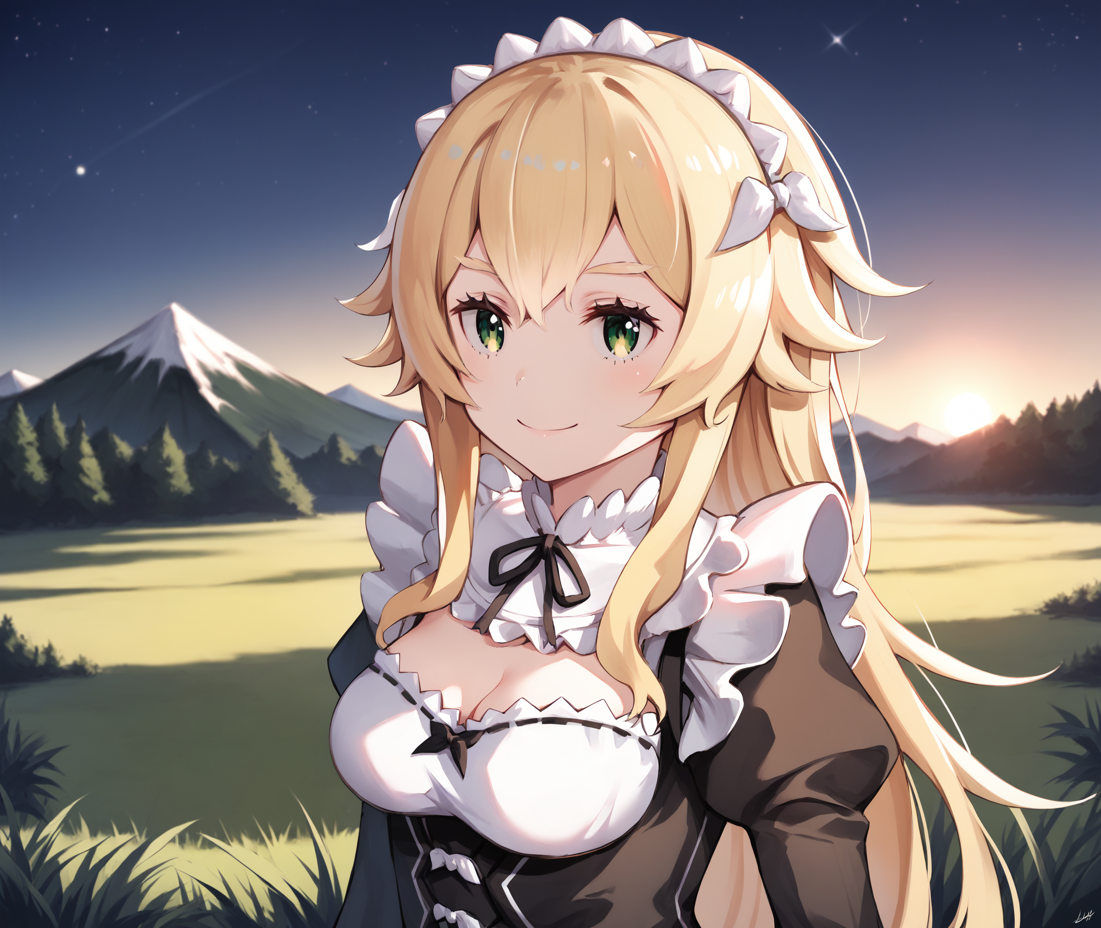 score_9, score_8_up, score_7_up, highres, hi res, best quality, masterpiece, 2d, intricate details, 4k, anime coloring, shadow, uncensored,
1girl, solo, female, closed mouth, smile, long hair, blonde hair, ribbon, hair between eyes, very long hair, green eyes, 
breasts, medium breasts, 
long sleeves, dress, cleavage, frills, alternate costume, black dress, apron, maid, maid headdress, cosplay, neck ribbon, black ribbon, juliet sleeves, white apron, maid apron, enmaided, roswaal mansion maid uniform,
cowboy shot, upper body, 
outdoors, on grass, field, depth of field, mountain, horizon, outdoors, forest, field, night, sky, night sky, star \(sky\), starry sky, <lora:Frederica_Baumann_1024_Pony:1>, frederica baumann, re:re:zero kara hajimeru isekai seikatsu,