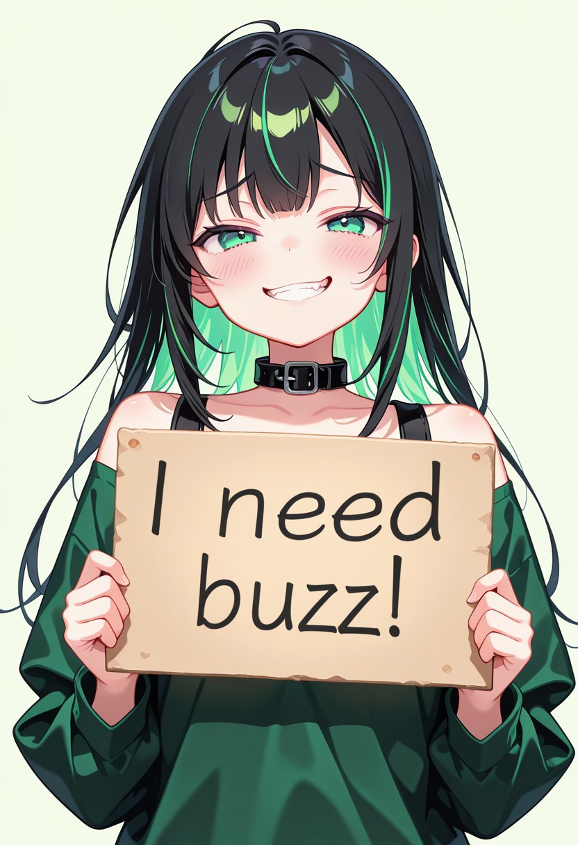 masterpiece,(best quality),highly detailed,ultra-detailed, 1girl,solo, sporty, cute and edgy girl, long black hair with neon‑green streaks, looking at viewer, need_buzz, holding sign, flushed lewd face, upper body, smug, teeth, black collar