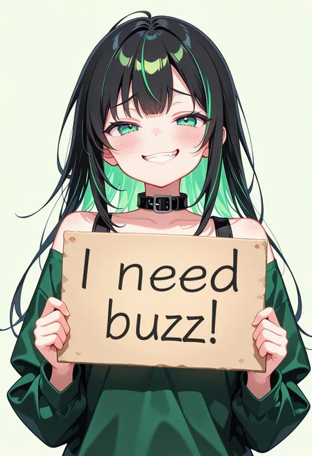 masterpiece,(best quality),highly detailed,ultra-detailed, 1girl,solo, sporty, cute and edgy girl, long black hair with neon‑green streaks, looking at viewer, need_buzz, holding sign, flushed lewd face, upper body, smug, teeth, black collar