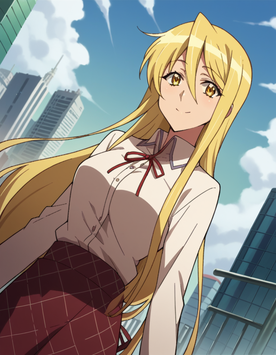 score_9, score_8_up, score_7_up, source_anime,
shizukamarikawa, <lora:shizuka-marikawa-ponyxl-lora-nochekaiser:1>,
shizuka marikawa, long hair, blonde hair, very long hair, low-tied long hair, yellow eyes, hair between eyes, smile,
skirt, shirt, long sleeves, ribbon, white shirt, frills, centered frills,
outdoors, cityscape,
looking at viewer, cowboy shot, dutch angle,