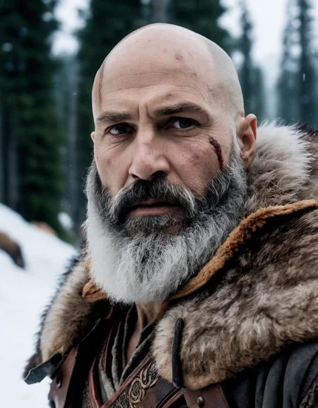 cinematic photo vfx movie live action god of war closeup, natural grizzled skin, tough bald middle-aged man in furs, grey beard, in snowy tahoe by emPrime of Life manuel lubezki . 35mm photograph, film, bokeh, professional, 4k, highly detailed