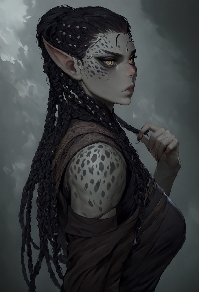 masterpiece, best quality, newest, absurdres, highres, DFCAV1.0,
1girl, GIV1.0-IL, gith_(d&d), pointy ears, slit pupils, colored skin, grey colored skin, grey skin, black hair, braid, braided hair, multiple braids, taid hair,