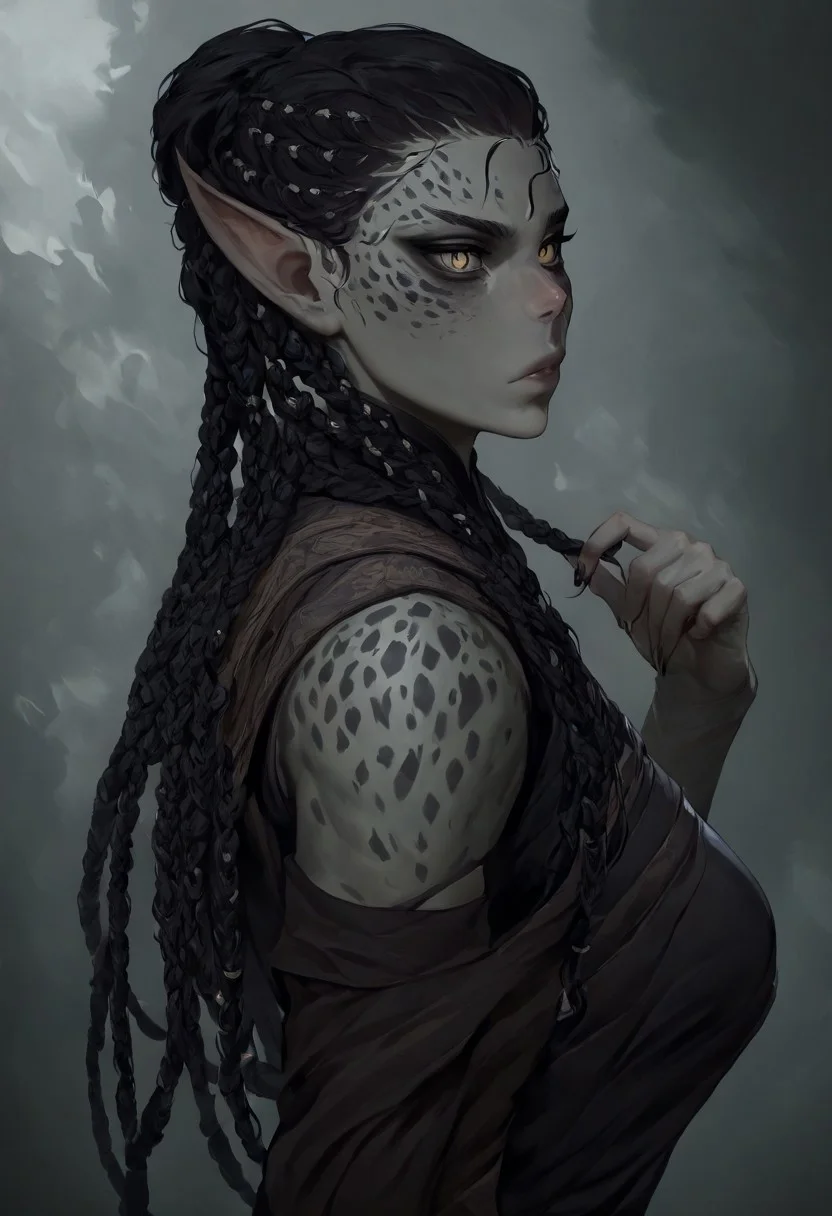 masterpiece, best quality, newest, absurdres, highres, DFCAV1.0,
1girl, GIV1.0-IL, gith_(d&d), pointy ears, slit pupils, colored skin, grey colored skin, grey skin, black hair, braid, braided hair, multiple braids, taid hair,