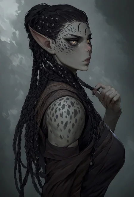 masterpiece, best quality, newest, absurdres, highres, DFCAV1.0,
1girl, GIV1.0-IL, gith_(d&d), pointy ears, slit pupils, colored skin, grey colored skin, grey skin, black hair, braid, braided hair, multiple braids, taid hair,