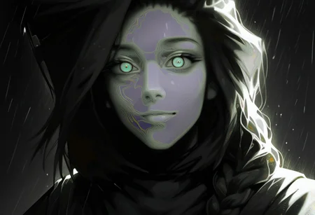 female, cel-shading, backlit, big eyes, cute eyes, delicate features, long hair, (braided hair), black hair, portrait, smug, seductive eyes, techwear, cyborg, cybernoir, heavy rain, rainrops, (((dark))), sexy, sensual glare, teal eyes, black sclera, big chest, solo, extreme closeup,