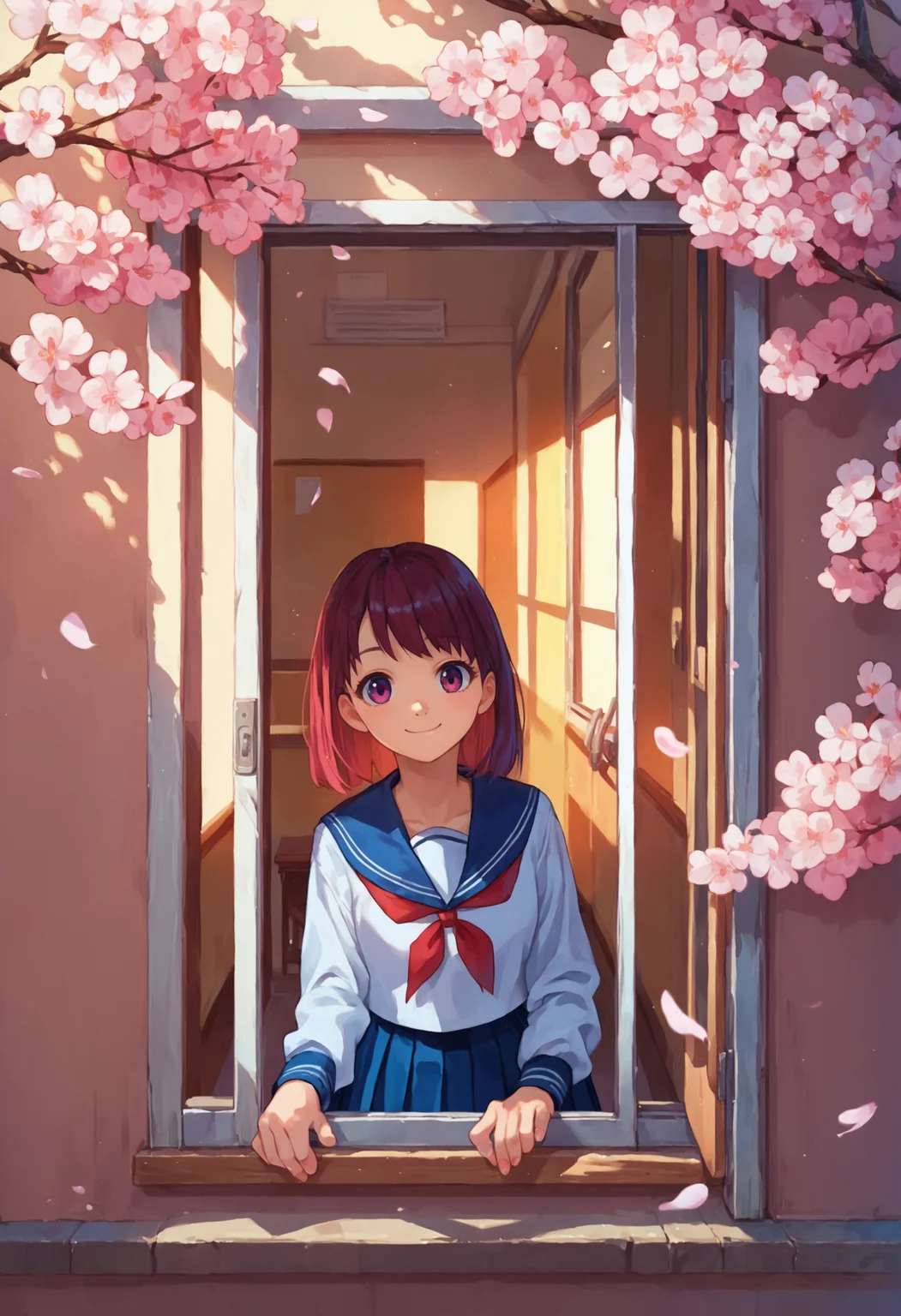score_9_up score_8_up score_7_up, source_anime, 1girl, smile, from outside window, classroom, looking at viewer, serafuku, school uniform, pleated skirt, cherry blossoms
<lora:from_outside_window_24re_pony_2_d4:1>