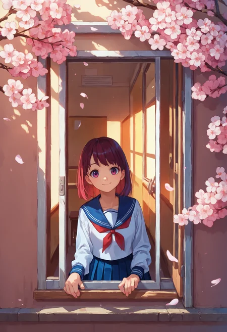 score_9_up score_8_up score_7_up, source_anime, 1girl, smile, from outside window, classroom, looking at viewer, serafuku, school uniform, pleated skirt, cherry blossoms
<lora:from_outside_window_24re_pony_2_d4:1>