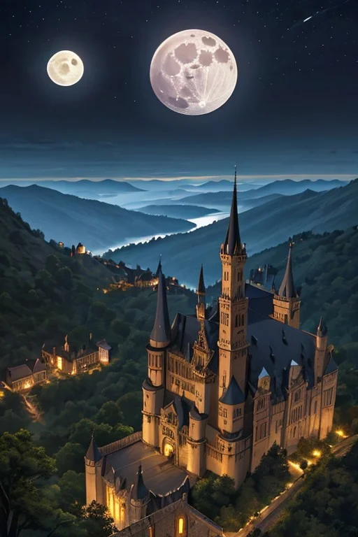 goth, scenery, gothic castle, night, full moon, dark fantasy, down view, top on mountain, castlevani artstyle, gargoyle