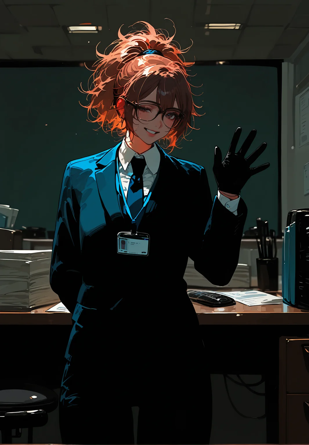 1girl, brown hair, short hair, messy hair, high ponytail,
BREAK 1girl, One Hand Up And Waving Hand, One Hand Behind Back, half closed eyes,
BREAK office girl, black trousers, black gloves, wears glasses, office, room,
BREAK general, masterpiece, best quality, absurdres, highres, newest, <lora:VICE_v2.0:0.85>