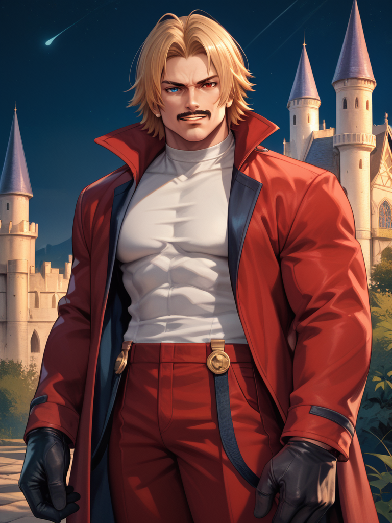 score_9, score_8_up, score_7_up, score_6_up, <lora:RugalP-05:1>, RugalP, 1boy, male focus, mature male, mustache, blue eyes, red eyes, heterochromia, short hair, blonde hair, muscular, white shirt, black gloves, red pants, red coat, red jacket, grin, in castle, night, zPDXL2