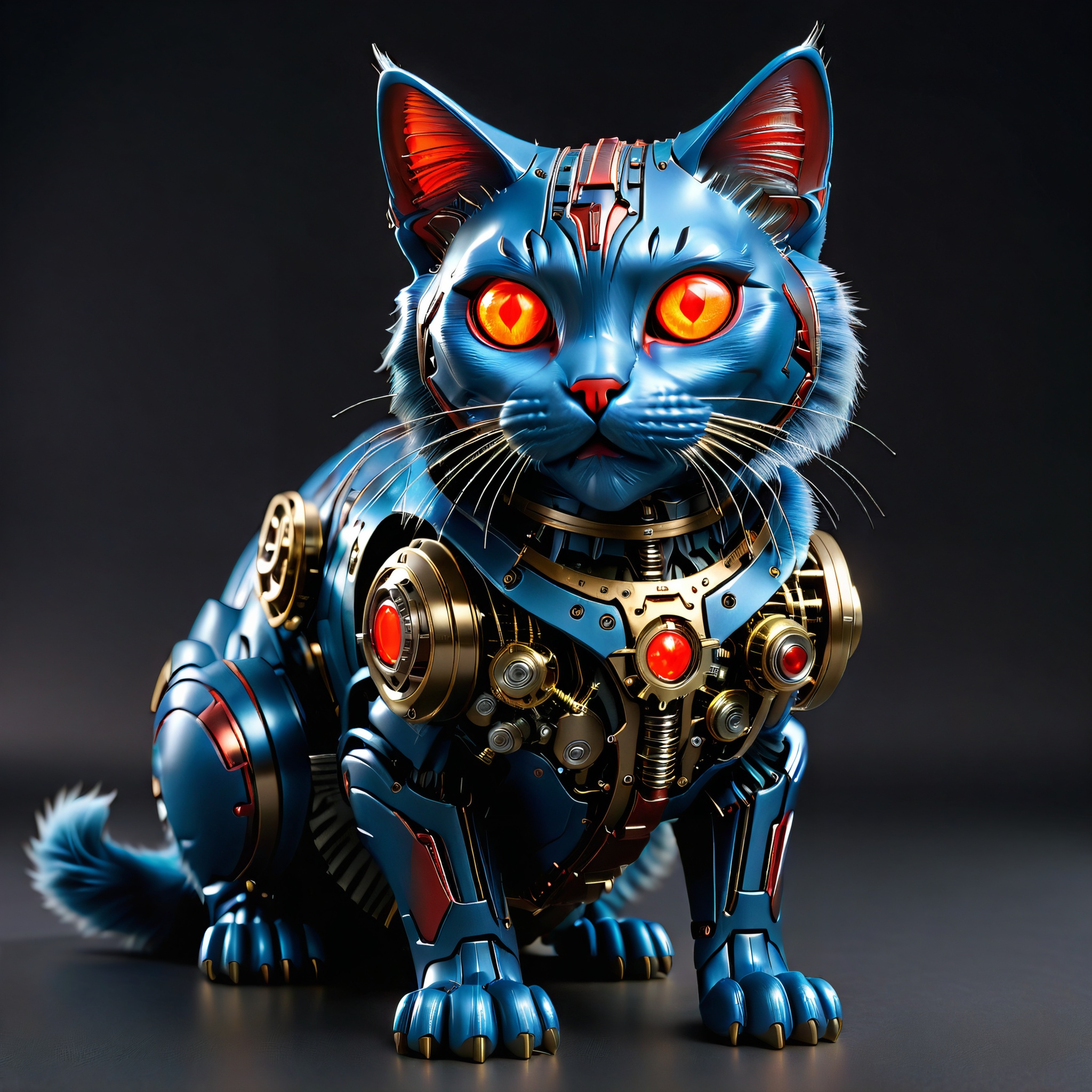 hybrid full bio-mechanical cat with blue fur and red glowing eyes